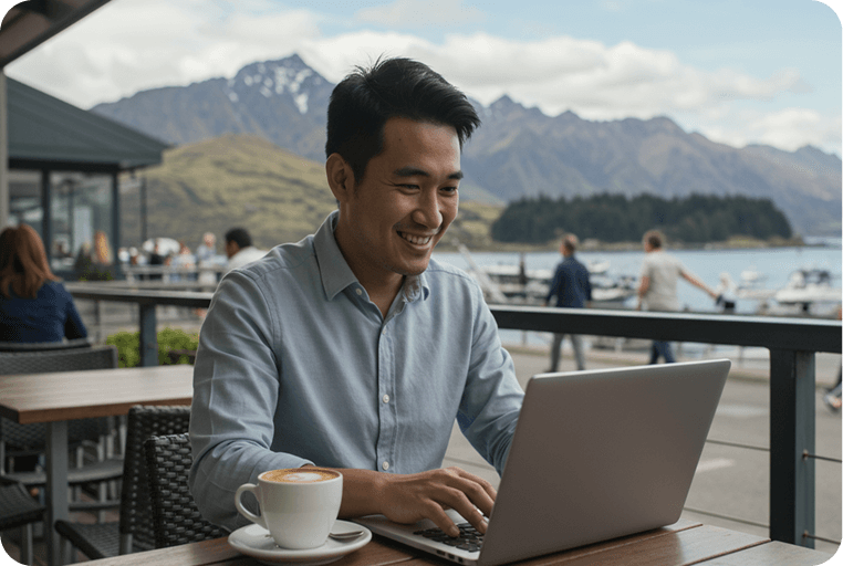 Person working on laptop with mountain view